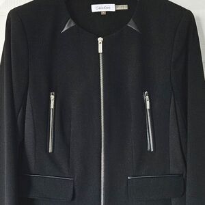Calvin Klein Two-tone Black Zip Blazer Jacket Faux Leather And Zipper Accents 6